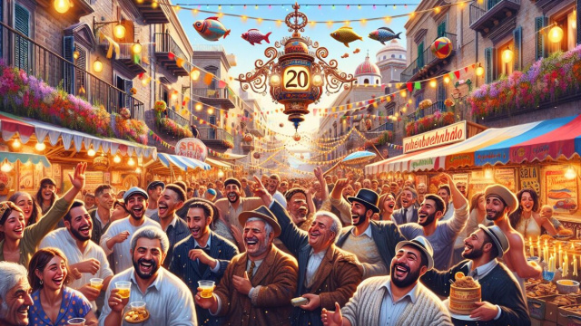 Numero 20 della Smorfia napoletana, 'a festa, Pesci. &copy; Immagine creata con Dall-E