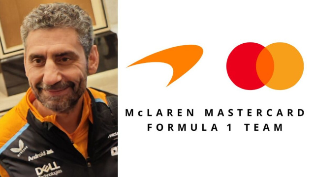 Andrea Stella e il logo McLaren.