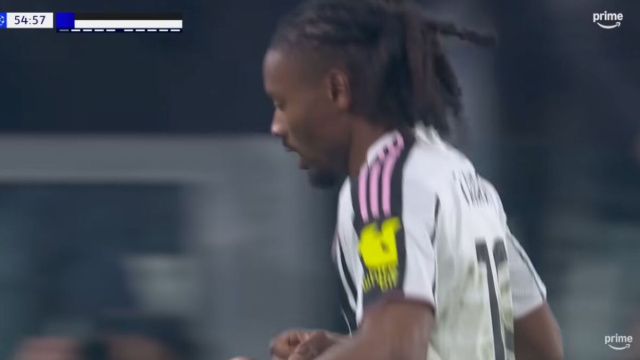 Keprhen Thuram esulta dopo il gol della Juve (Prime Video).