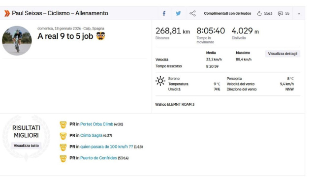 L'allenamento di Paul Seixas - &copy; Strava Paul Seixas