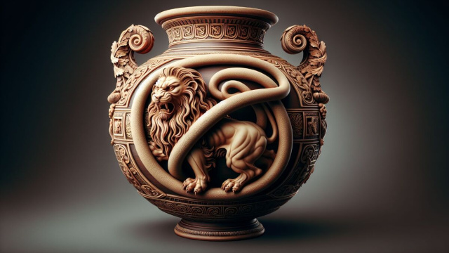 Numero 7 della Smorfia napoletana, 'o vasetto, vaso di creta legato al Leone. &copy; Immagine creata con Dall-E