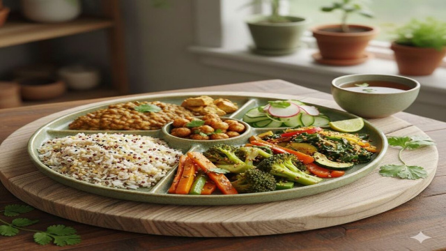 Immagine creata con IA. Rappresentazione esemplificativa del Piatto di Harvard-Ayurvedico