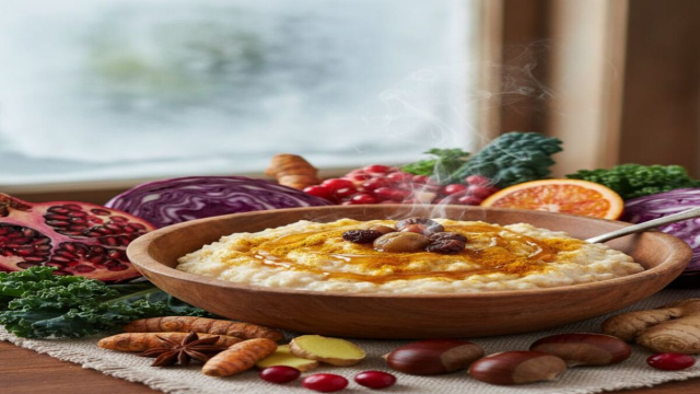 Immagine creata con IA. Presentazione di un piatto a base di Superfood invernali.