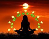 Donna in posizione yoga al tramonto con stelle ed elementi grafici - &copy; Gemini IA.