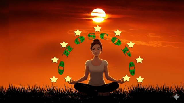 Donna in posizione yoga al tramonto con stelle ed elementi grafici - &copy; Gemini IA.