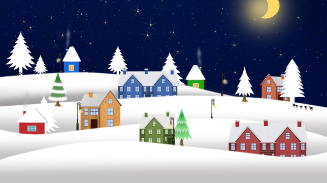 Paesaggio naif con casette colorate nella neve - &copy; Pixabay IA.