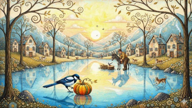 Immagine naif con gazza e zucca in primo piano &ndash; &copy; Copilot IA.