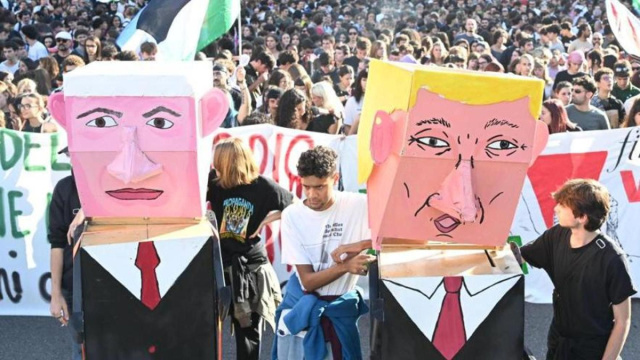 I maxi cartonati di Trump e Netanyahu aprono il corteo pro Pal a ... &copy; Creative Commons
