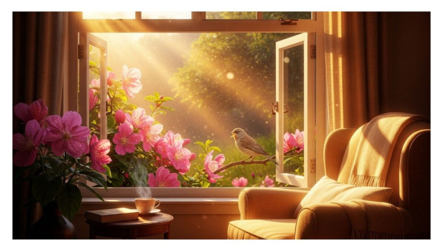 Finestra, luce, fiori, uccellino e t&egrave; &copy; Immagine di Pixabay