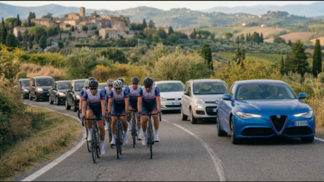 Cicloamatori in gruppo su una strada extraurbana