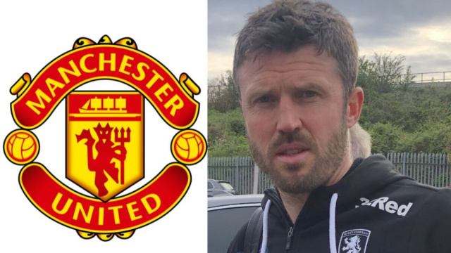 In foto Michael Carrick e il logo del Manchester United.