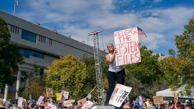 Una protesta negli Usa e in primo piano il cartello (Release the Epstein Files).