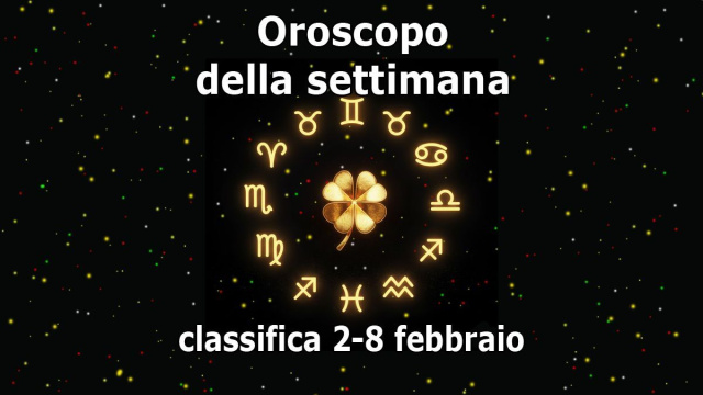 Locandina per l'oroscopo della settimana con simboli dello Zodiaco e quadrifoglio - &copy; Copilot IA.