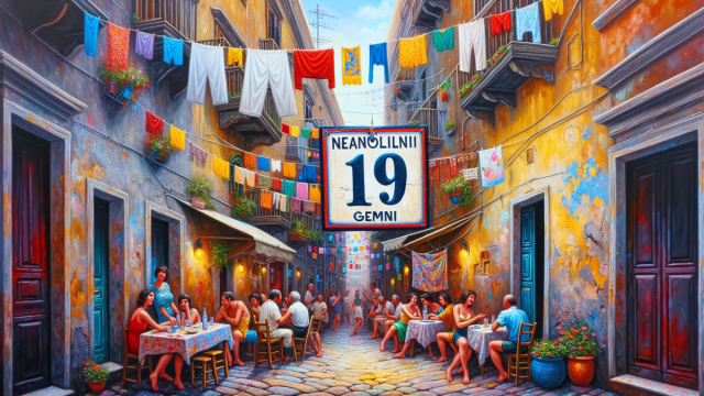 Numero 19 della Smorfia napoletana, 'a resata, oroscopo Gemelli. &copy; Immagine creata con Dall-E