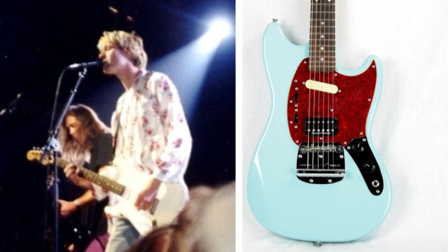 Da un lato Kurt Cobain, dall'altro una Fender Mustang (in questo caso per destromani).