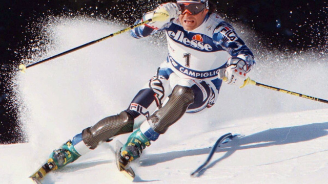 Tomba in azione sulla 3-Tre di Madonna di Campiglio nel corso della Coppa del Mondo 1997
