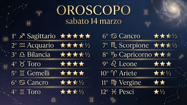 Oroscopo e classifica con stelle di sabato 14 marzo