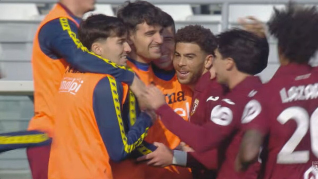 I giocatori del Torino festeggiano un gol.