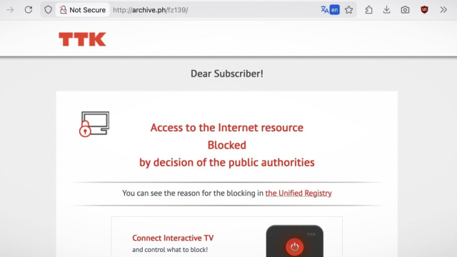 Russian authorities block paywall removal site Archive.today ... &copy; Creative Commons