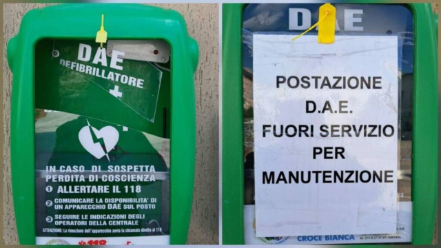 Colonnina del defibrillatore rubato foto Facebook