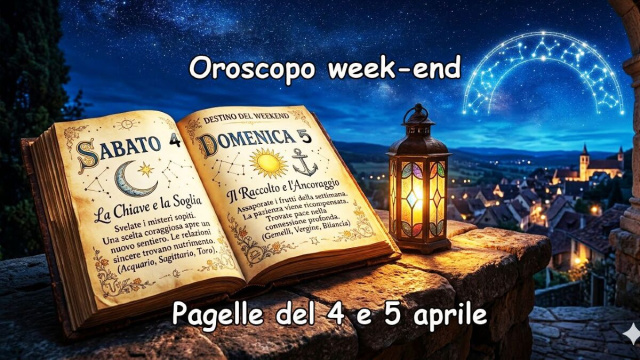 Locandina per l'oroscopo del week-end 4 e 5 aprile con pagelle 2026 - &copy; Pixabay IA.