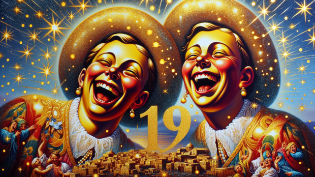 Numero 19 della Smorfia napoletana, 'a resata (la risata) per il segno Gemelli. &copy; Immagine creata con Dall-E