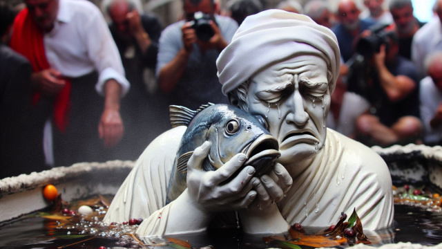 Numero 65 della Smorfia napoletana, 'o chianto, dedicato ai Pesci. &copy; Immagine creata con Dall-E