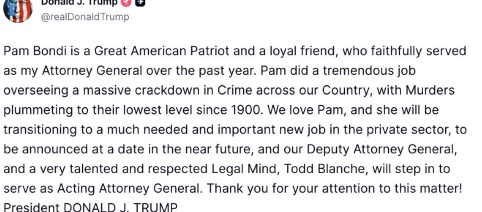 Trump licenzia la procuratrice generale Pam Bondi