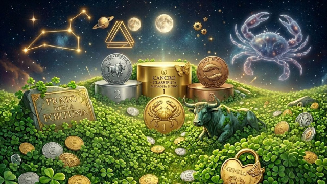 Prato di quadrifogli con Cancro, Toro e Pesci sul podio-Immagine di Gemini AI