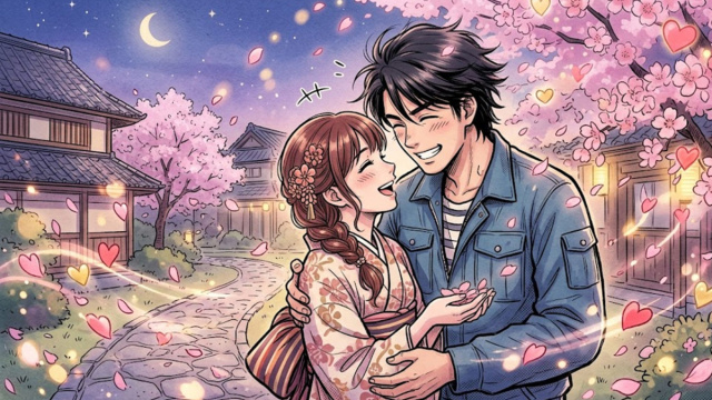 Oroscopo, coppia innamorata circondata da cuoricini e fiori di pesco &copy; Gemini