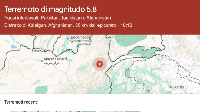 Terremoto di magnitudo 5.8 tra Afghanistan, Pakistan e Tagikistan @U.S.Geological Survey