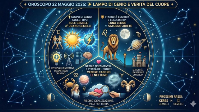 Quadrante del 22 maggio 2026 con Gemelli, Leone e Ariete- &copy;Gemini AI