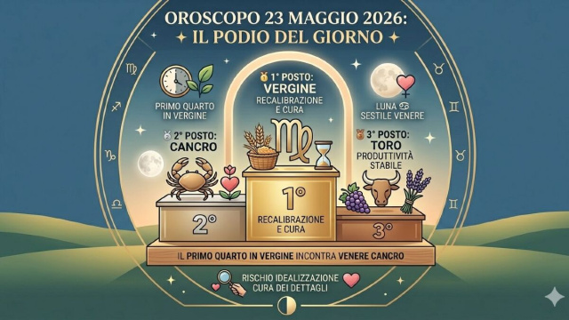 Oroscopo 23/05 con podio: 1&deg; posto Vergine, 2&deg; Cancro, 3&deg; Toro