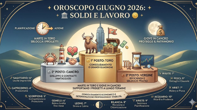 Classifica di giugno 2026 soldi e lavoro: 1&deg; Toro, 2&deg;Cancri, 3&deg;Vergine-&copy;Gemini AI