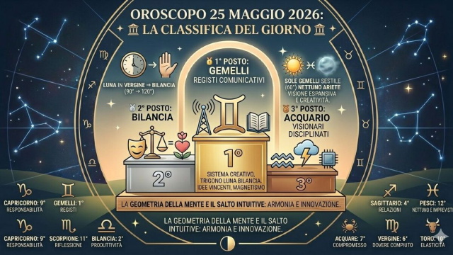 Quadrante classifica del 25/05: 1&deg;Gemelli, 2&deg;Bilancia, 3&deg; Acquario-&copy;Gemini AI