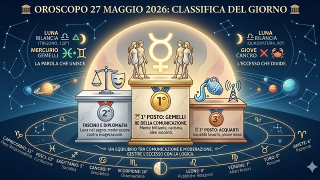 Podio oroscopo del 27/05: 1&deg; Gemelli, 2&deg; Bilancia, 3&deg; Acquario