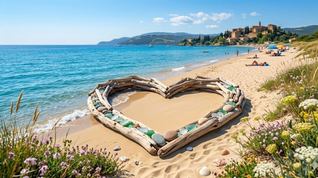 Grande cuore con pietre sulla spiaggia- &copy; Gemini AI