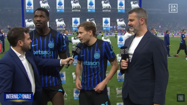 Marcus Thuram e Nicol&ograve; Barella ai microfoni di DAZN (SCreenshot DAZN).