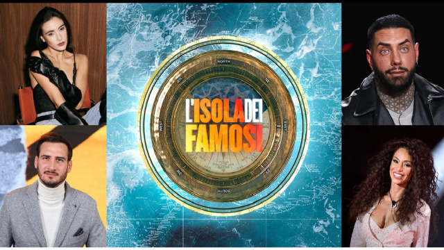 Zeudi Di Palma, Il Musazzi, Francesco Chiofalo, Raffaella Fico e il logo dell'Isola dei famosi &copy; Instagram.