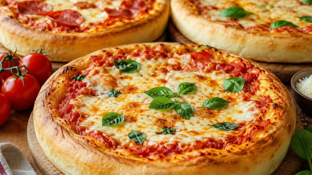 La vera pizza fatta in casa alta, soffice e ricca di mozzarella come in pizzeria.