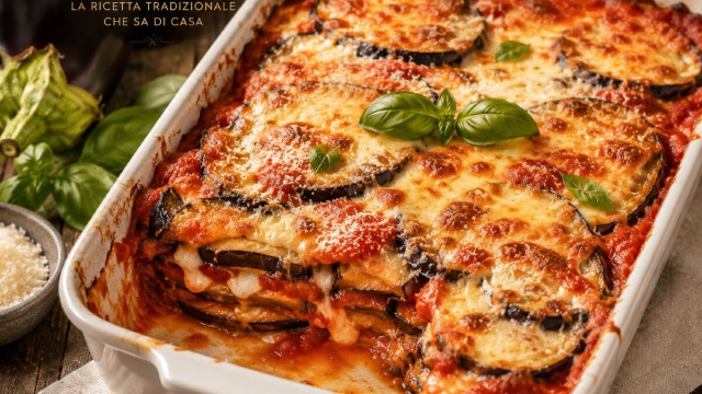 Una teglia di parmigiana di melanzane filante e dorata appena sfornata.