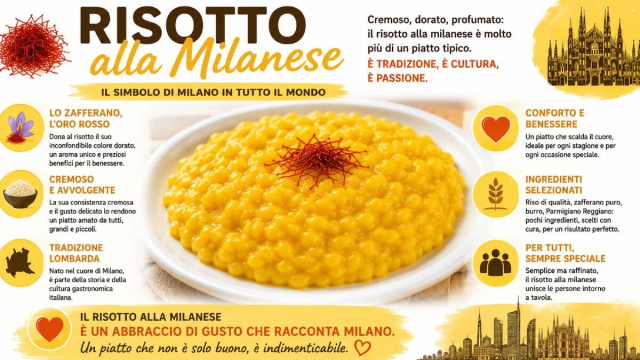 Il classico risotto alla milanese dal colore giallo intenso e mantecato ad arte.