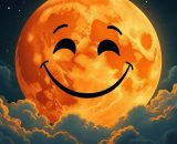 Luna arancione con faccia sorridente &copy; Grox AI X