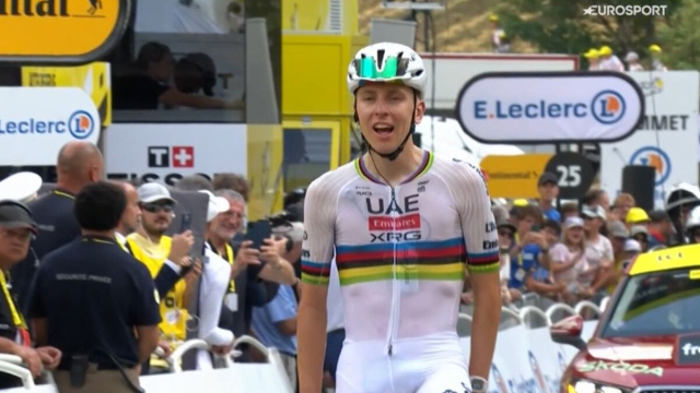 Tadej Pogacar al traguardo della sesta tappa - &copy; Screenshot Eurosport