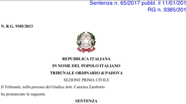 Tribunale di Padova - Sentenza 65/2017: Il giudice rigetta le ... &copy; Creative Commons
