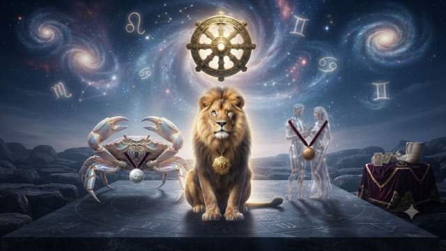 Rappresentazione universo con Leone, Cancro - &copy;Gemini AI