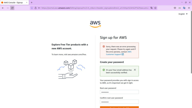 Since 2019 I cannot create an AWS account, I have the error "Sorry ... &copy; Creative Commons