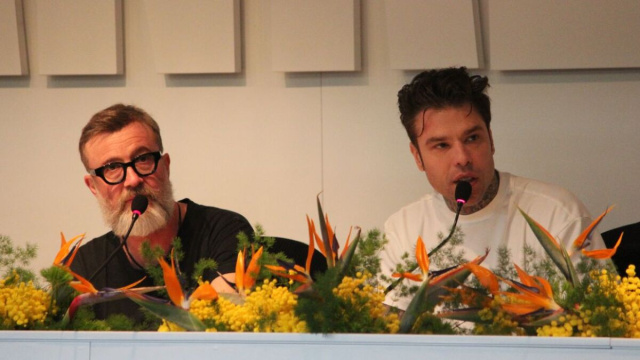 Fedez e Marco Masini in conferenza stampa a Sanremo.