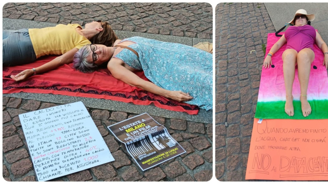 Ombrelloni e teli mare in piazza della Scala a Milano, la protesta ... &copy; Creative Commons