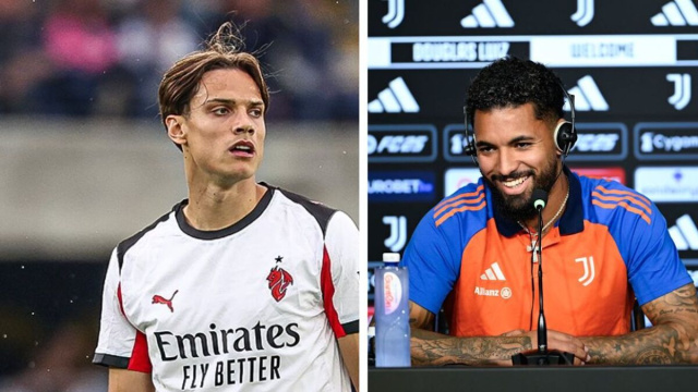 Samuele Ricci, centrocampista del Milan. Foto &copy; Milan. Douglas Luiz, centrocampista della Juventus. Foto &copy; Juventus FC